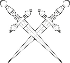 Illustration of crossed daggers in engraving style. Design element for logo, label, emblem, sign. Vector illustration
