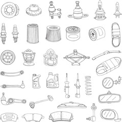 Hand drawn car parts icons. Vector illustration doodle style. Car service, repair.
