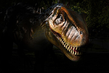 The head of dinosaur in the dark background. High quality photo