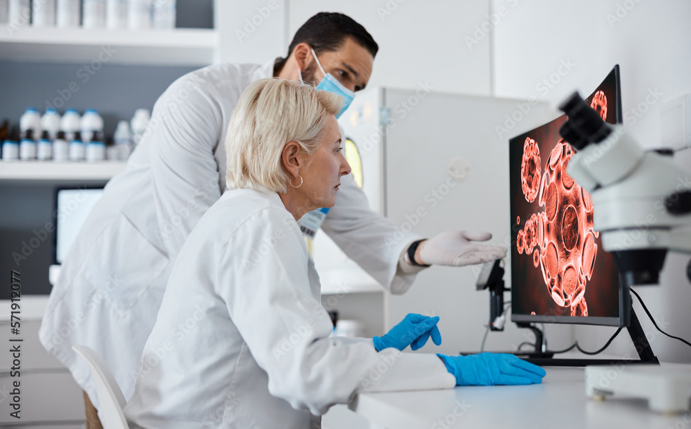 Aufkleber computer, covid and science in a medical research laboratory using technology for analytics of a vir