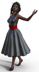Model girl dressed in a gray silk retro style dress with a flared skirt. Walking with a hand raised in greeting