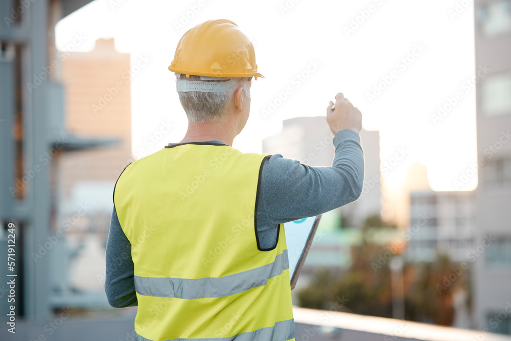 Poster Building, construction and senior man with vision, planning and thinking of architecture design in city. Engineering, urban development and handyman, maintenance worker and contractor writing ideas