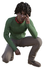 Young teen boy crouching on the floor with his hand to his head in a thoughtful pose