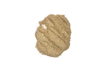 Black pepper powder isolated on a white background. Top view, flat lay.