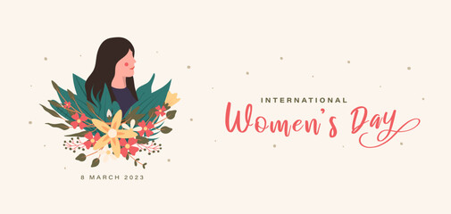 Happy Women's Day banner design with girl and beautiful floral ornament