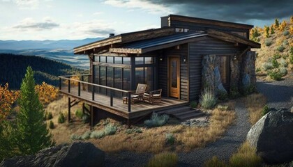  a cabin on a hill with a deck and a chair.  generative ai