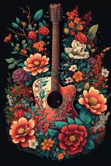 Country music festival poster with acoustic guitar and flowers. AI