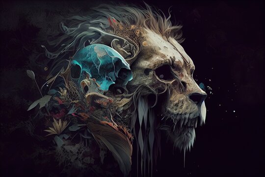 Lion Skull. Abstract image of a lion's head. Double exposure. Generative AI