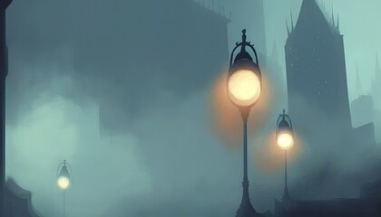  a foggy city street with street lamps and street lights.  generative ai