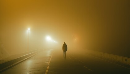  a person walking down a foggy road at night with street lights.  generative ai