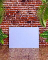 A horizontal frame mockup on red brick wall with wooden floor, palm leaves and green leaf plant pot.