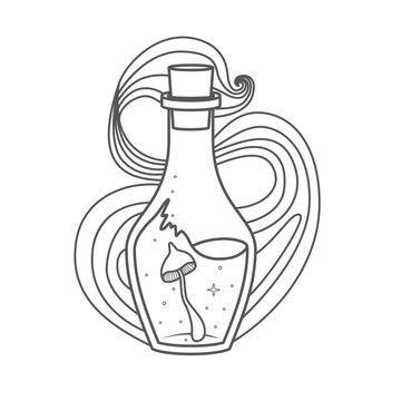 recommend clip art: A magical bottle with smoke around and a mushroom inside - coloring book page. Illustration on transparent background