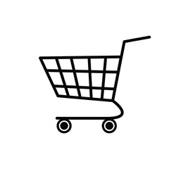 Vector illustration icon of steel shopping cart on wheels. Supermarket online store e-commerce symbol. Design element for mobile website applications development