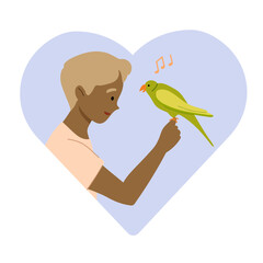 Boy holds his singing pet parrot. Human animal friendship concept. Vector illustration in shape of heart. 