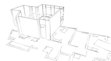 Architectural perspective 3d illustration of a house plan both 2d and 3d. Living room's walls are elevated. Conceptual drawing in handsketch style.