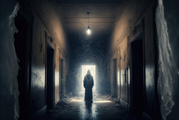 Abandoned house is haunted by the ghost of a former inhabitant in a creepy dark corridor. Generative AI illustration