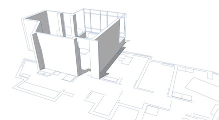 Architectural perspective, 3d illustration of a house plan both 2d and 3d. Living room's walls are elevated with shadow effect. Conceptual sketch.