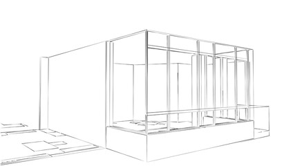 3d illustration of a house's living room. Architectural perspective in monochrome. Conceptual sketch.