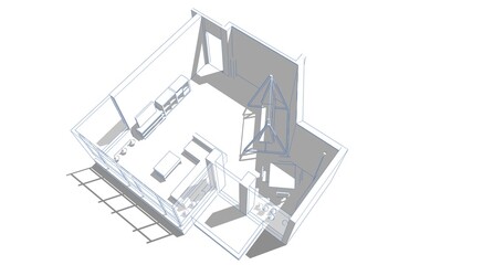 3d illustration of a  living room in a flat from top. Architectural perspective with furniture model layout.  Conceptual sketch in blue lines with shadow. 