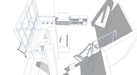 Partial 3d illustration of a  living room in a flat from top. Architectural perspective with furniture model layout.  Conceptual sketch in blue lines with shadow. 