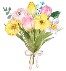 Pretty spring flowers. Watercolor floral bouquet, hand-painted illustration. An arrangement made of pink tulips, yellow poppy, and narcissus. PNG clipart.
