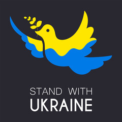 Stand with Ukraine. Dove symbol of peace. Vector illustration isolated on dark background.