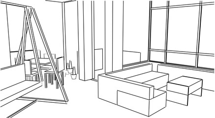 Partial perspective 3d illustration of a living room in a flat. Architectural scene from human eye level with furniture model layout.  Monochrome conceptual sketch.