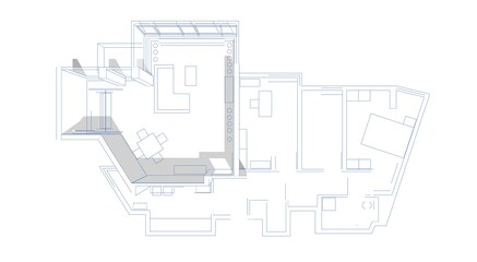 Architectural 3d illustration of a house plan both 2d and 3d. Living room's walls are elevated with shadows. Conceptual plan in blue line contour. 