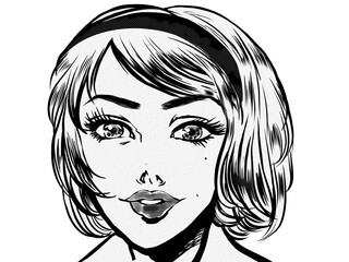 Black and white portrait illustration of blonde American beauty in 60's retro style American comic book