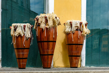 Ethnic drums also called atabaques on the streets of Pelourinho district, the historic center of the city of Salvador in Bahia