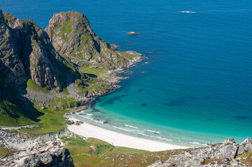 Remote private beach on North Norway. Turquoise water, fjord, mountain. View from above