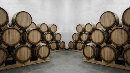 vine vaults. vintage oak barrels of craft beer or brandy. Wine or cognac barrels in the cellar of...