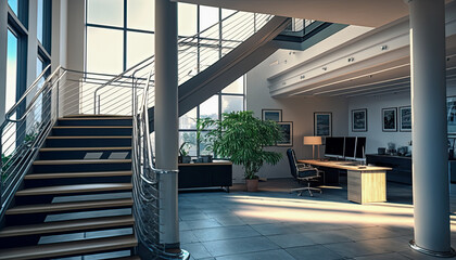 A modern office interior with new furniture and a staircase to the upper level - Generative AI