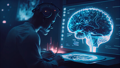 A doctor using advance holographic scanning. A patient's brain neuron pathology and diagnostic scan. Futuristic biomedical concept. Generative AI