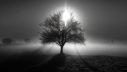  a tree in a field with the sun shining through the fog.  generative ai