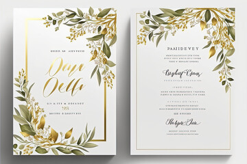 wedding invitation card  template design with watercolor greenery leaf and branch,  watercolor invitation , beautiful floral wreath. Generative AI - obrazy, fototapety, plakaty