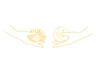 The mystical symbol - moon and sun with face in hands. Illustration on transparent background