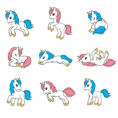Collection of Cute Cartoon Unicorns. Illustration on transparent background