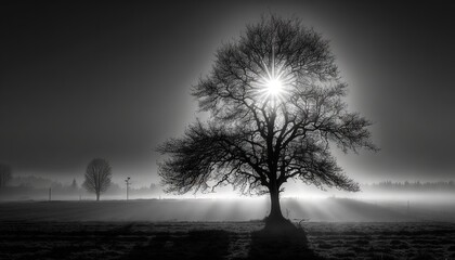  a black and white photo of a tree in the fog.  generative ai
