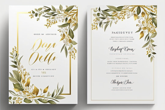 wedding invitation card  template design with watercolor greenery leaf and branch,  watercolor invitation , beautiful floral wreath. Generative AI