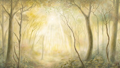  a painting of a sunbeam in the middle of a forest.  generative ai