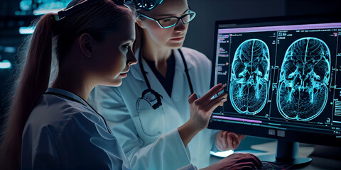 A doctor using advance holographic scanning. A patient's brain neuron pathology and diagnostic scan. Futuristic biomedical concept. Generative AI - obrazy, fototapety, plakaty