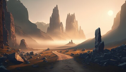  a digital painting of a desert with rocks and a road.  generative ai