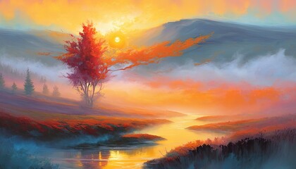 Obraz premium a painting of a sunset with a tree in the foreground. generative ai