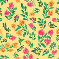 Watercolor.Seamless floral pattern with bright colorful flowers and leaves. Elegant template for fashion prints. Modern floral background. Fashionable folk style. Ethnic style. Boho.
