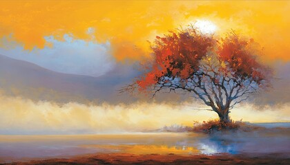  a painting of a tree in the middle of a lake.  generative ai