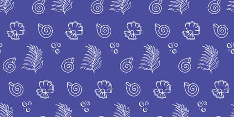 Children's marine seamless vector pattern with shells, algae, molluscs for textiles, wrapping paper, covers