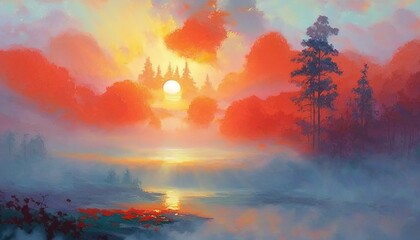  a painting of the sun setting over a lake with trees.  generative ai