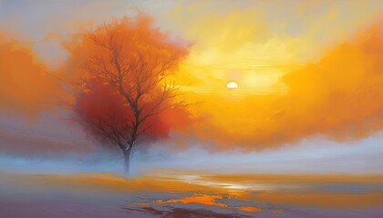 Plakat a painting of a tree in a foggy field at sunset. generative ai