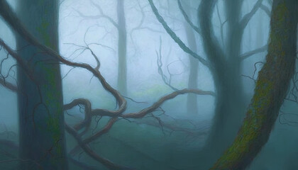  a painting of a foggy forest with a tree branch.  generative ai